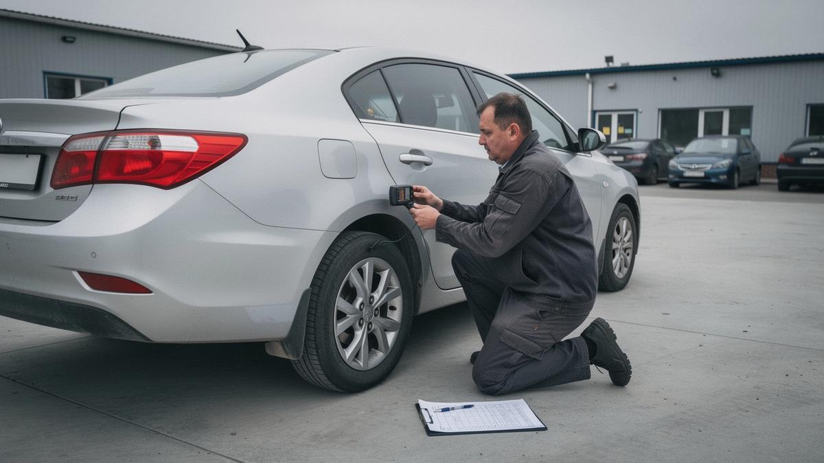 Inspector measuring paint thickness on the rear quarter panel of a used car