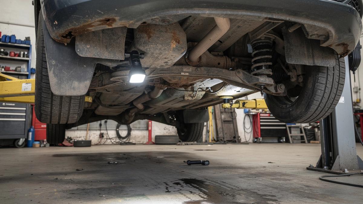 Undercarriage of a used car on a lift, lit by an inspector lamp, showing sill corrosion and a leaking front shock absorber