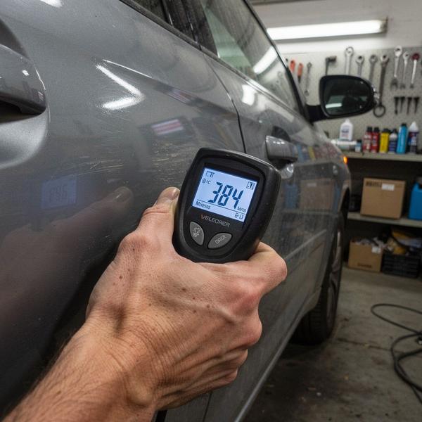 Digital paint thickness gauge pressed against a car door showing a 384 micron reading