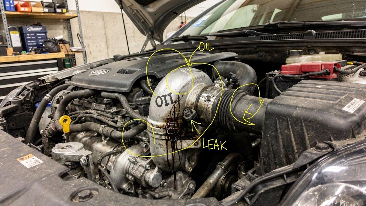 Annotated engine bay photo from report AD-229538-1402 marking oil seepage at the turbo inlet